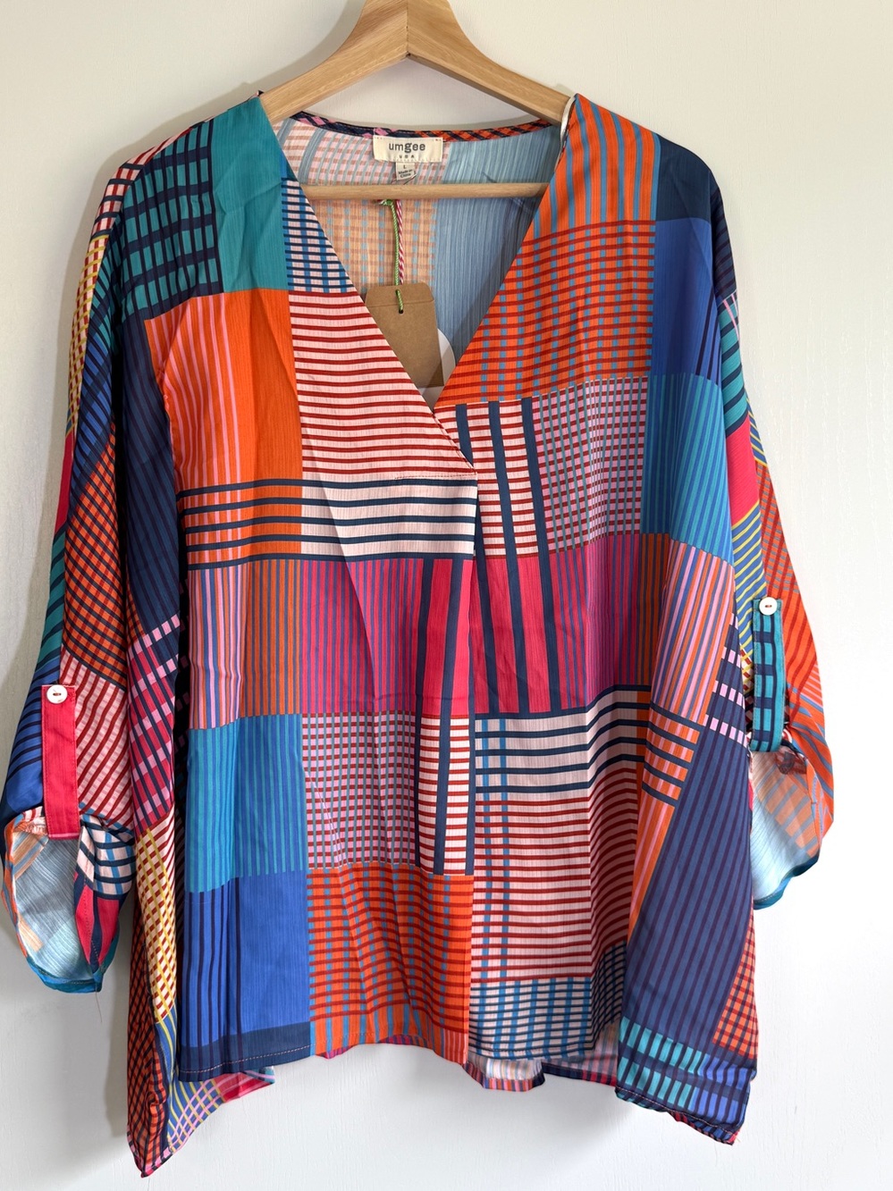 Umgee Multicolor Patchwork Striped Sport Blouse Top - Blue, Orange, Pink, Teal